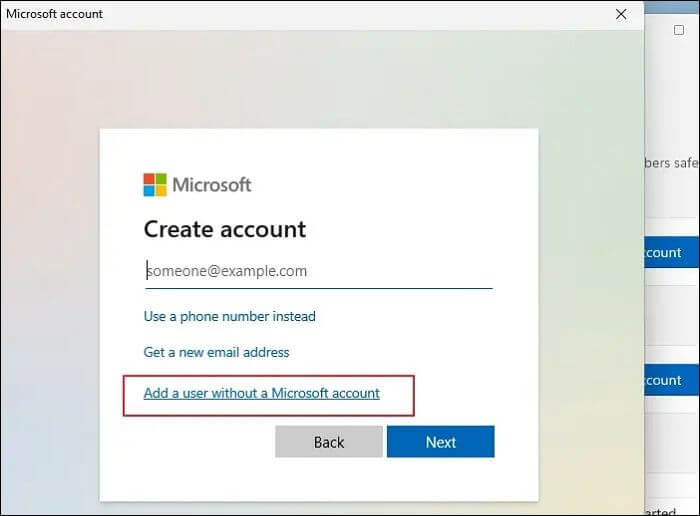 Add the user without a Microsoft Account for the local account.