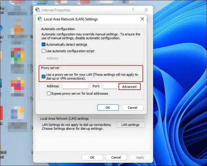 Proxy Server Settings in LAN Settings