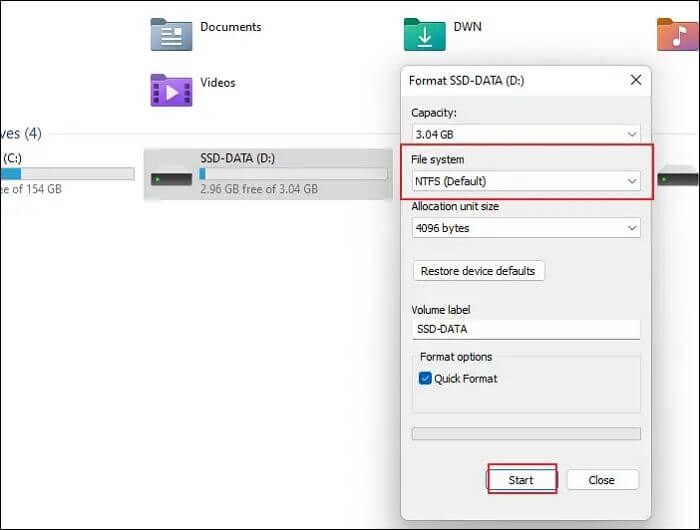 Select File format before formatting the drive