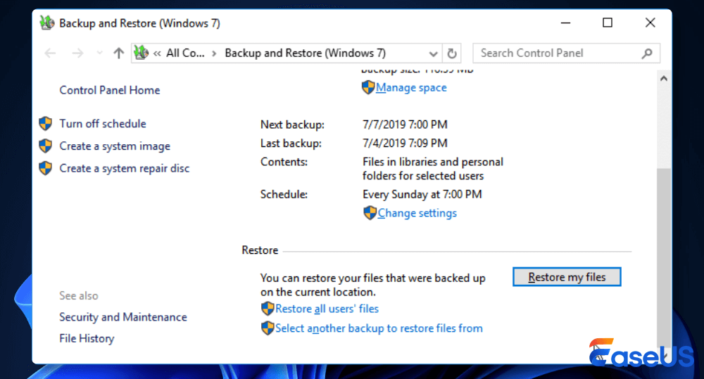 Go to Backup and Restore Windows 7