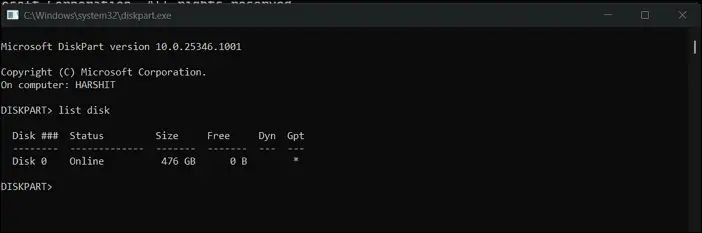 List connected DISK using diskpart command