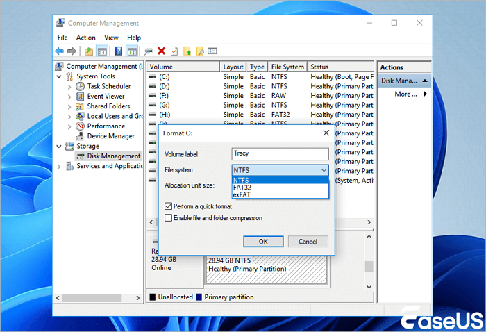 format usb drive to fix unreadable issue in disk management