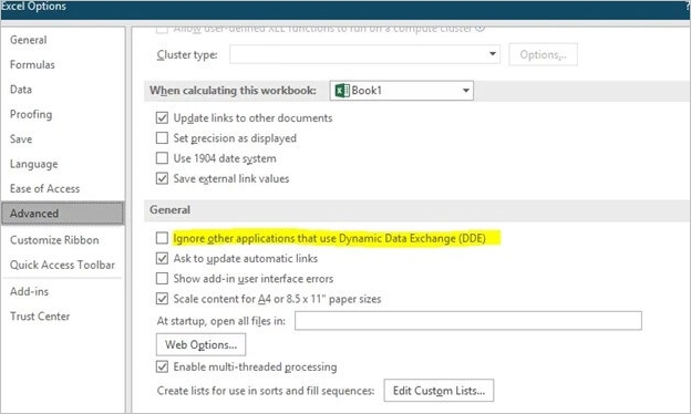 ignore dde to fix Microsoft excel cannot paste the data error