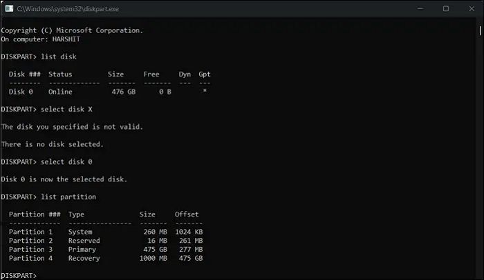 Select Disk and then list partitions. 