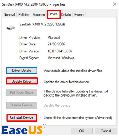 Navigate to the Driver tab