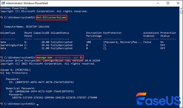 Obtain BitLocker password from PowerShell