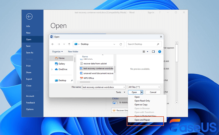 use open and repair to fix word document