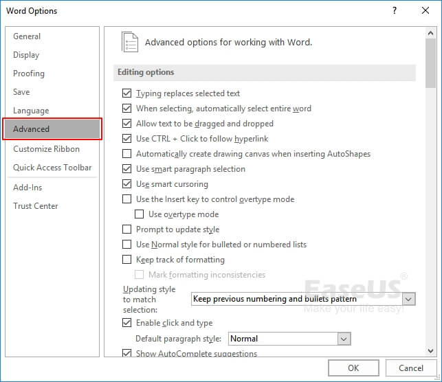 Open Advaced settings in Word 2016