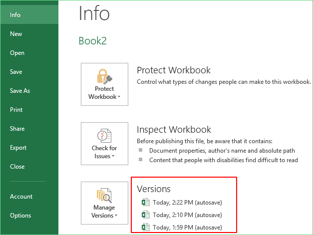 how to recover previous version of excel file 2016