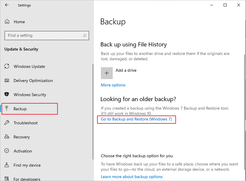 Vá ao backup e restaure o Windows 7