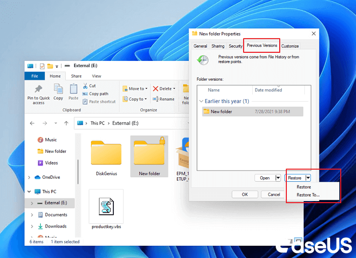 right click the folder and select restore previous versions