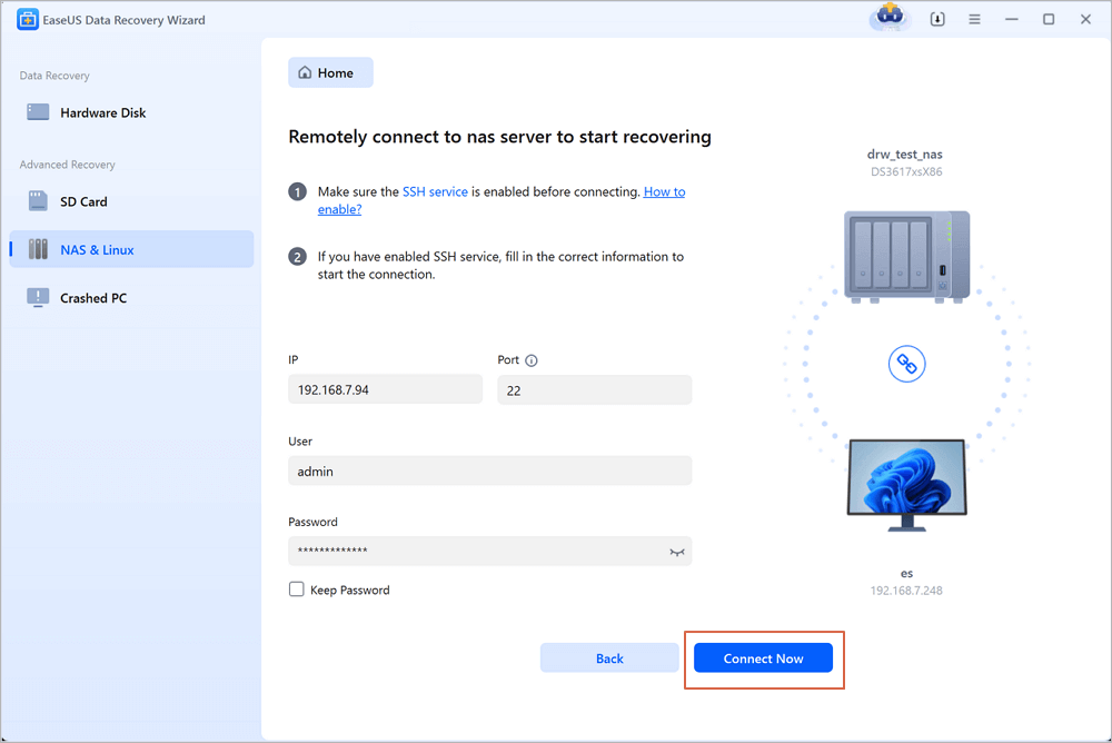 Connect to the NAS server remotely.