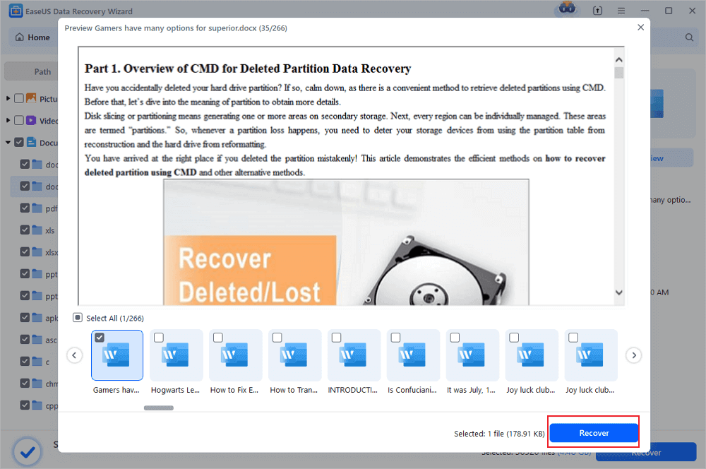 select word documents and recover