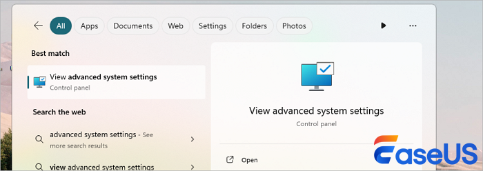 Search for advanced system settings