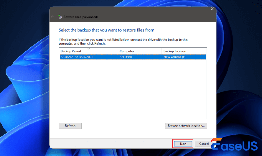 select another backup to restore files