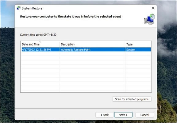 Select System Restore Date