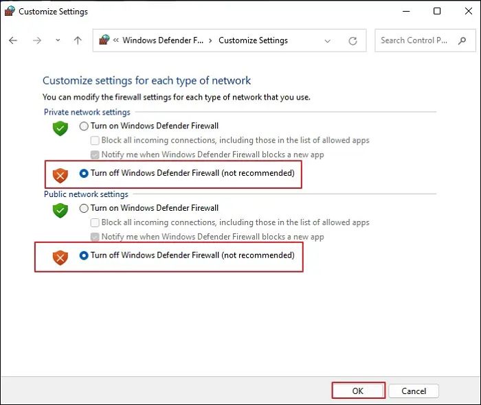 Turn Off Windows Defender Firewall