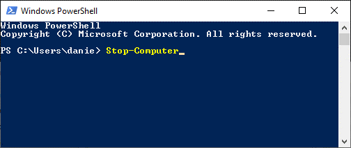 Type Stop-Computer to shut down the PC