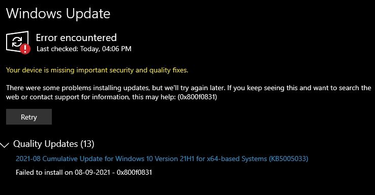 Windows update error 0x800f0831