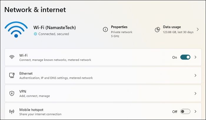 Wifi Settings in Windows