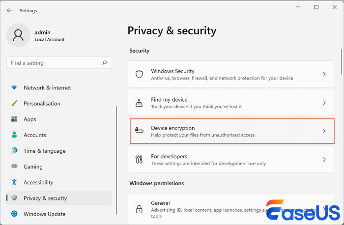 locate Privacy & security and choose Device encryption