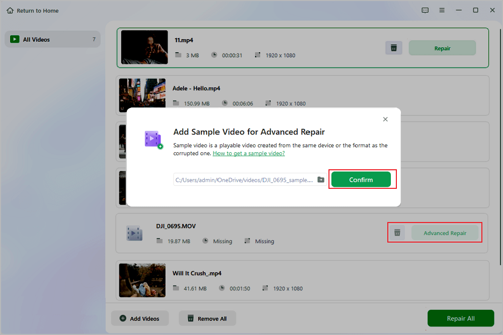 add sample videos to perform advanced repair