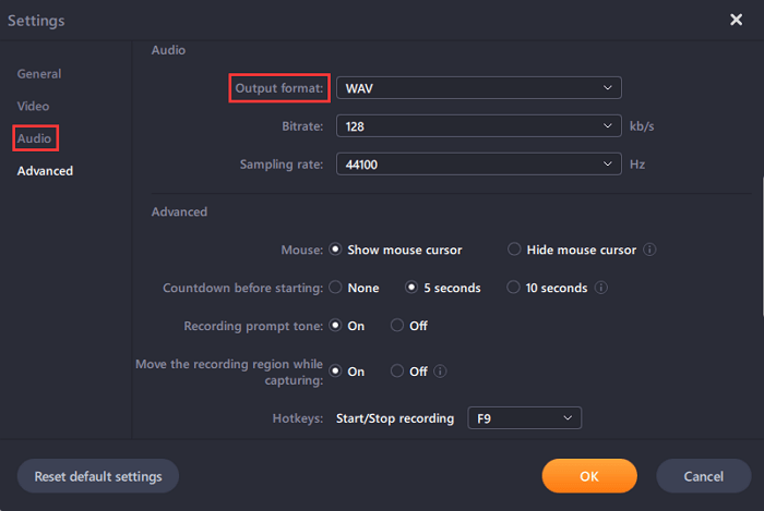 Select output audio format