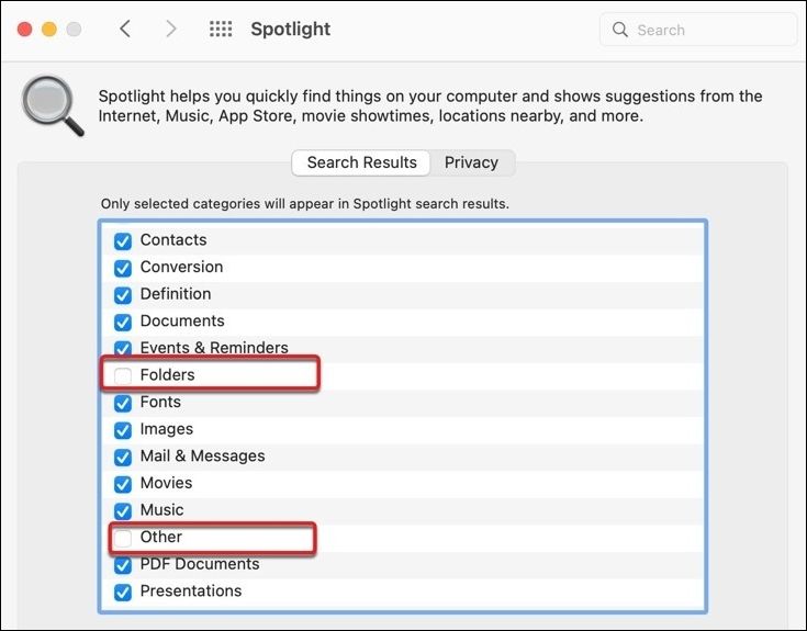 folders and others in spotlight mac