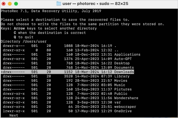 choose a folder to recover the file