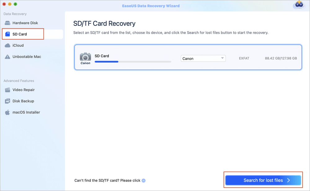 select a location and scan for lost SD card data