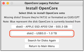 Wählen Sie eine Festplatte aus, um Opencore zu installieren