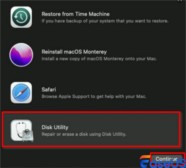choose disk utility and then continue