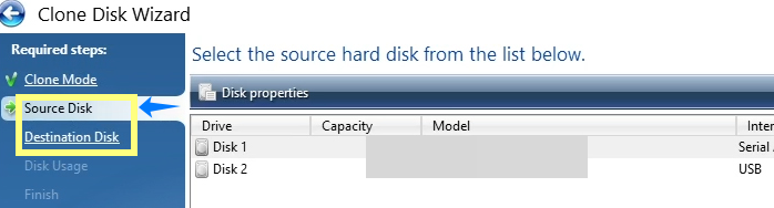 acronis choose source and target disk