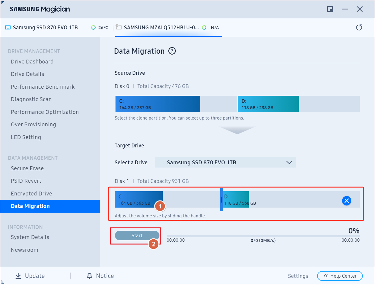 adjust disk volume and click start