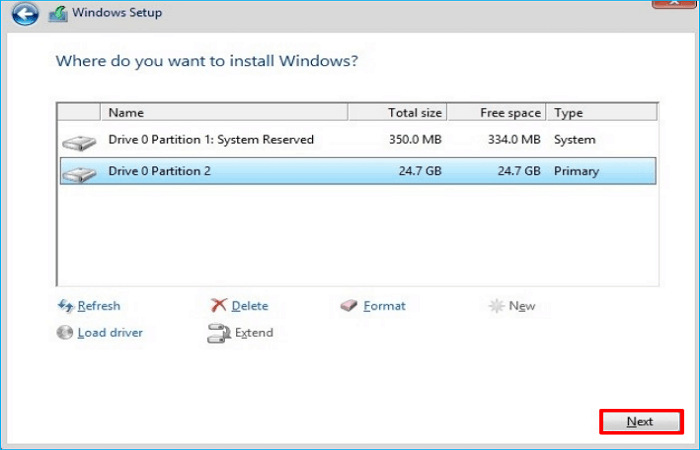 select the primary partition and click Next