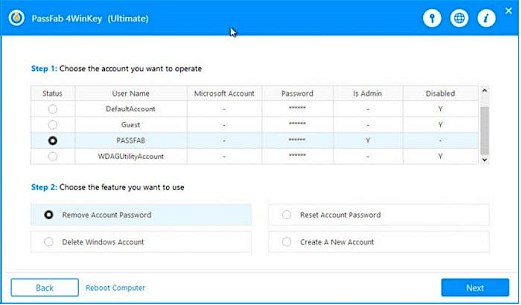 choss passfab and remove account password 