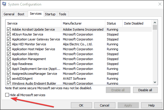 tick the box of hide all microsoft services