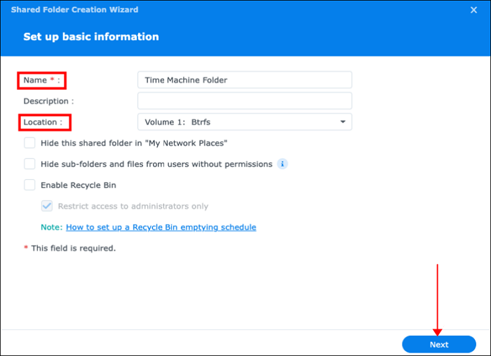set the folder name and location