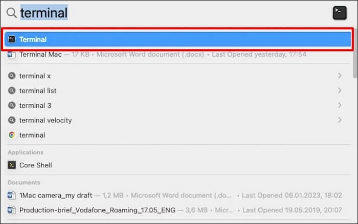 Type terminal on the search bar