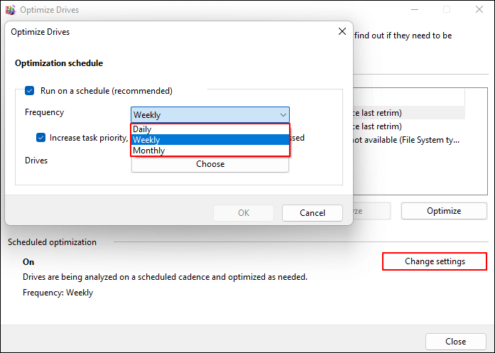 defrag click change settings set time and drives