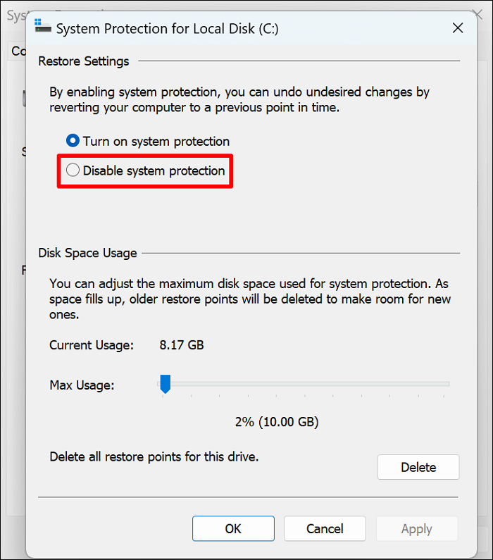 disable system protection