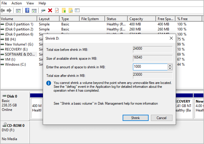 enter shrink amount in mb