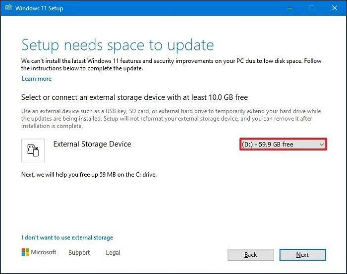 setup needs space to update
