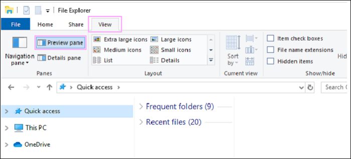 preview pane of file explorer