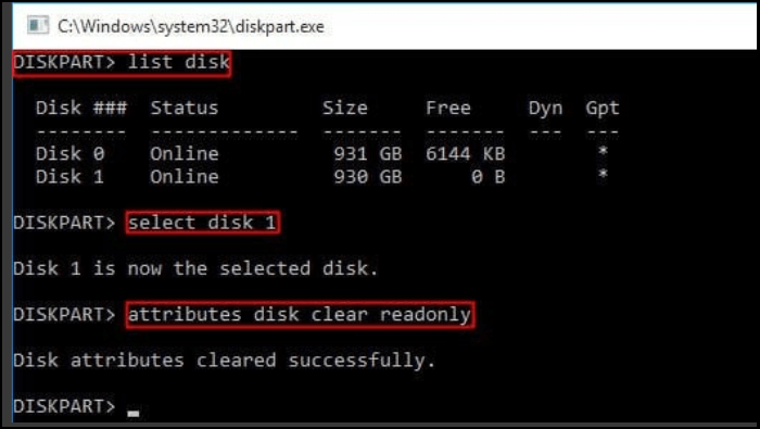 run diskpart to clear read only