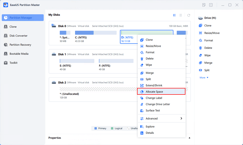 Select partition to allocate space