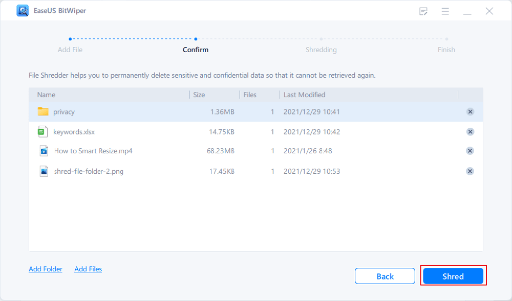 Confirm to shred files