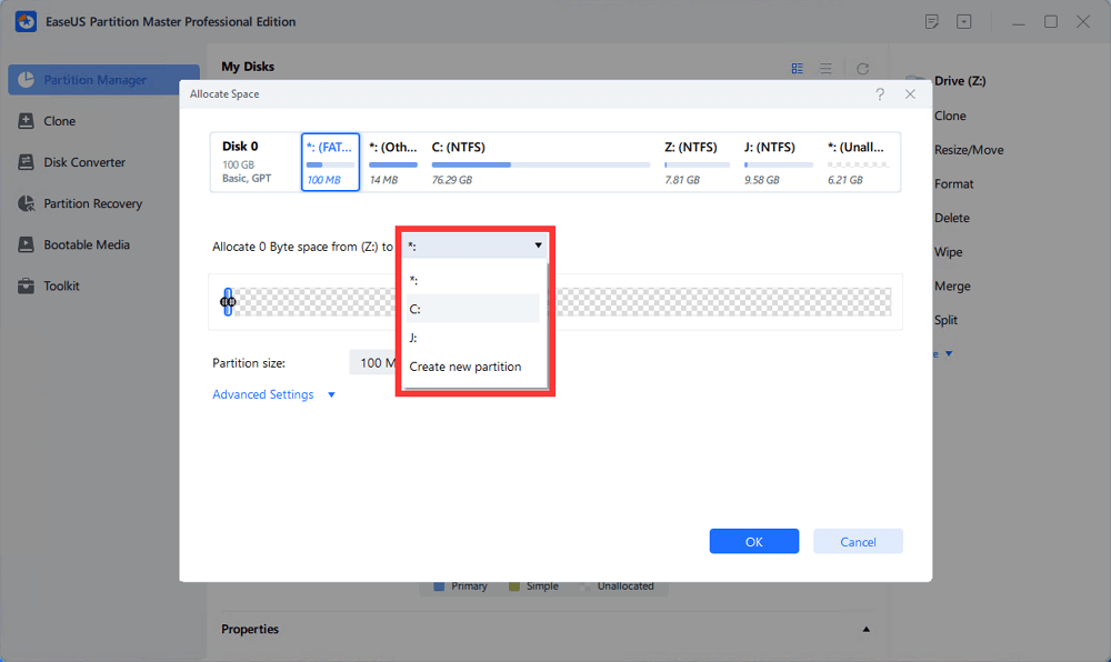 choose another drive to allocate space