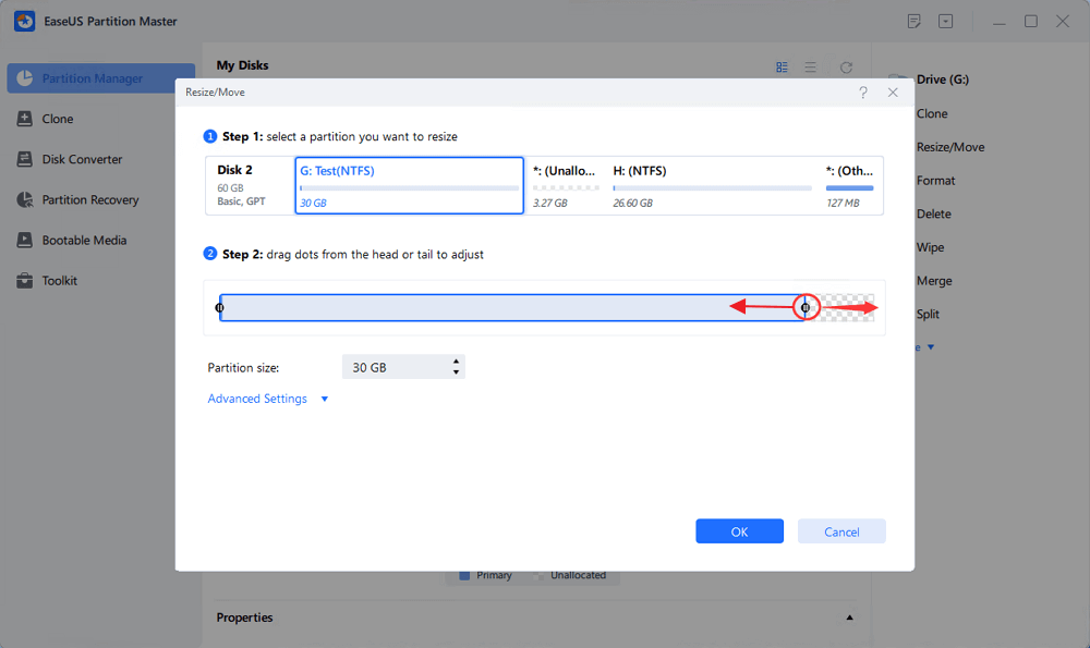 drag the mouse leftwards to resize partition