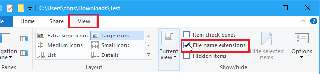 Set to display the file extension